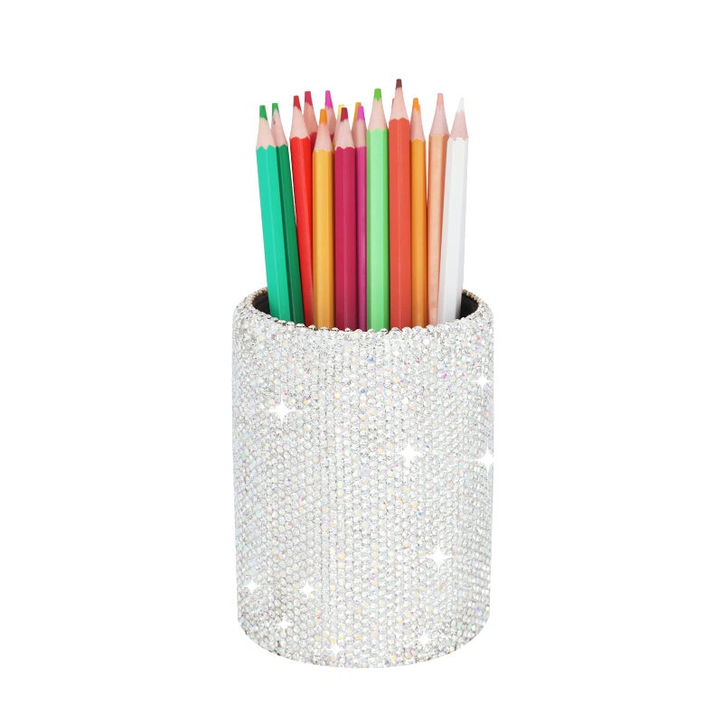KEYPOWER Crystal Pencil Pen Pot Holder Box Bling Rhinestone Pen Organizer Holder Cosmetic Pencil Container Comb Brushes Personalized (Round) - Image 1